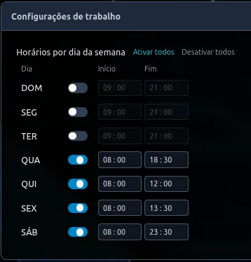 Configuração de horários de trabalho