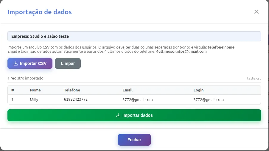 Importação de dados e contatos